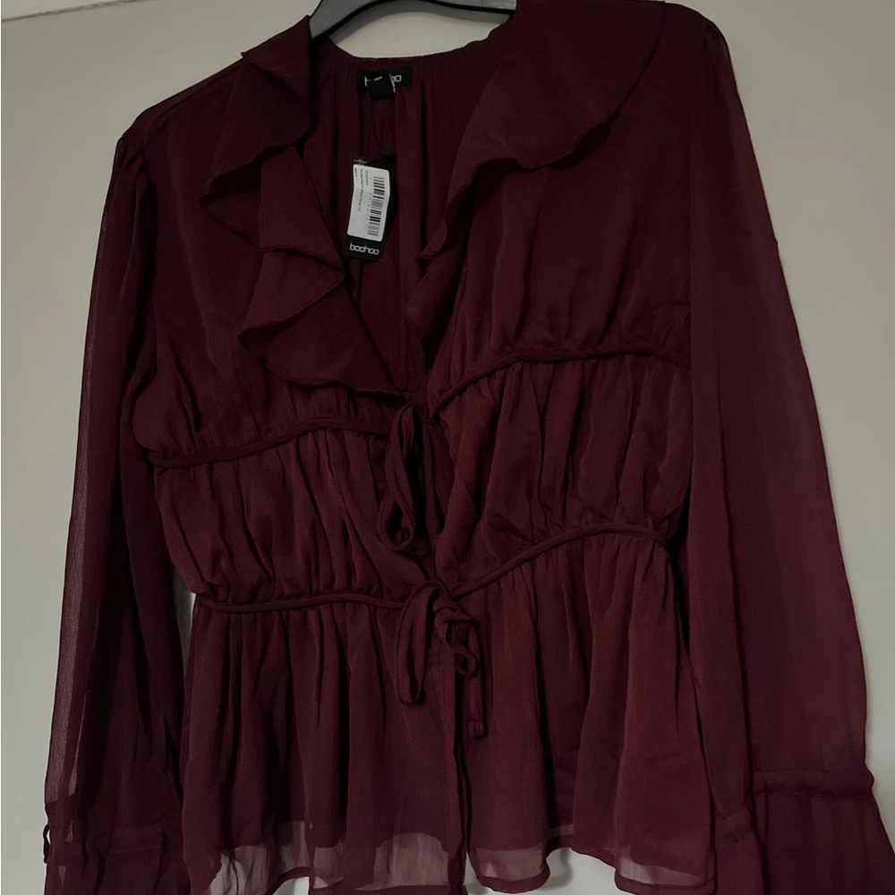 Boohoo Deep Burgundy Ruffle Blouse